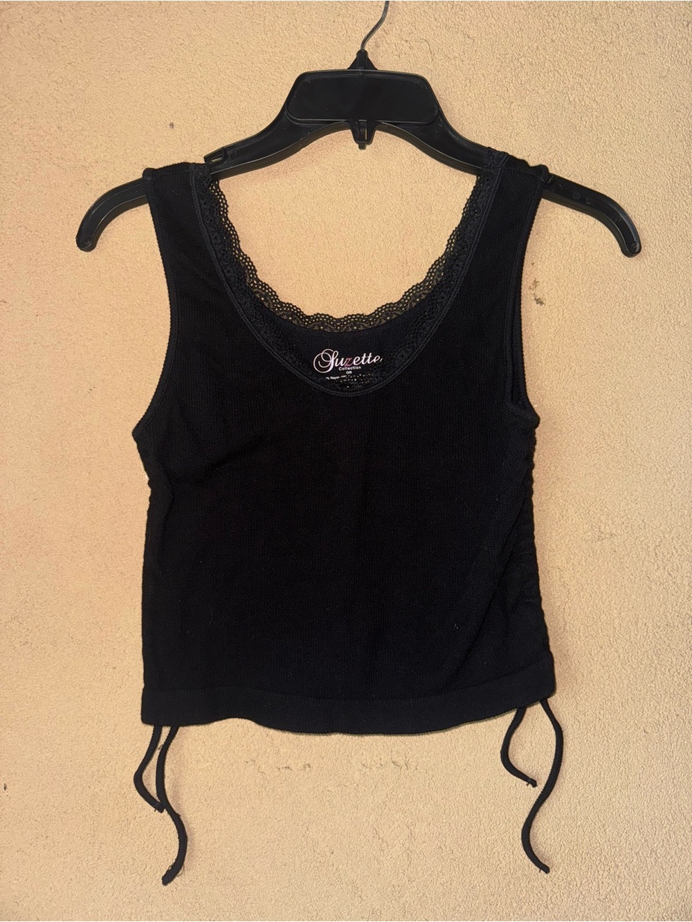 Sivette Black Lace-Trim Tank Top with Side Ties